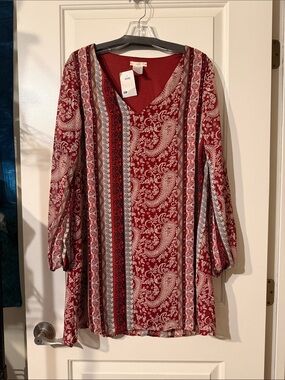 Paisley Stripe V-Neck Tunic Dress - Red